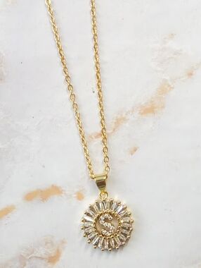 ​Initial "S" Baguette Zircon Pendant Necklace 18K Gold